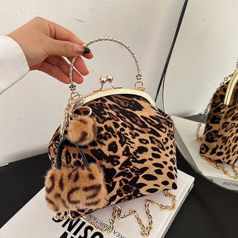 Vintage Korean Leopard Print Seashell Evening Bag For Women Winter New Chain Shoulder Bag Crossbody Ladies Banquet Party Handbag