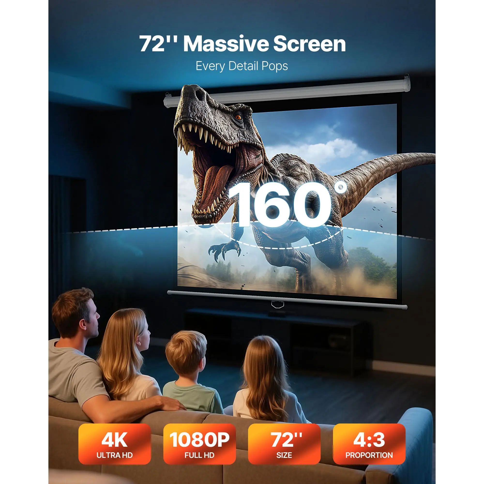 Manual Projector Screen, 72 inch 4:3 4K 1080 HD Retractable Pull Down, Wall Mounted Movie Projection with Rope, Portable Display