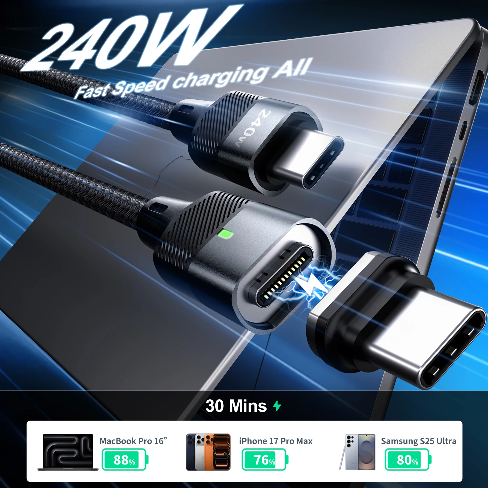 240W 48V5A Magnetic USB-C Cable Fast Charge Magnetic Plug High Speed Data Sync Dual Use Type C Charger Wire for iphone Samsung