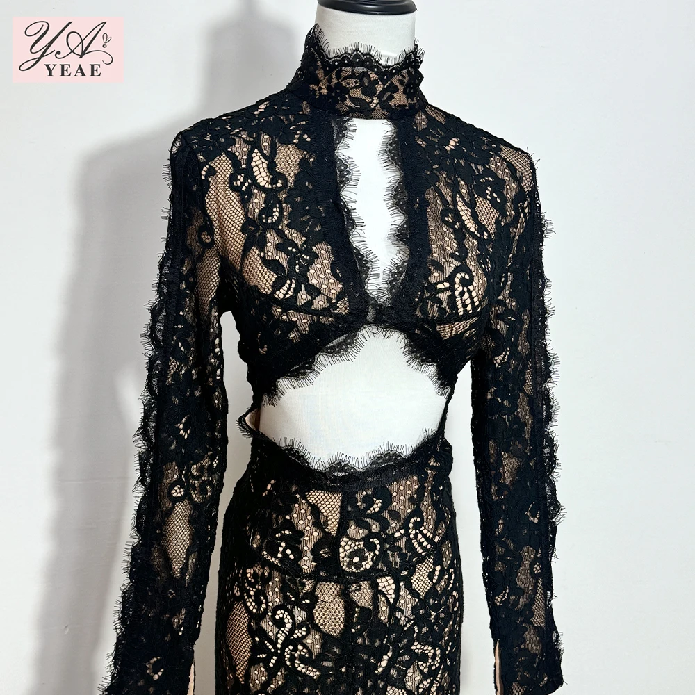 Black Lace Cut Out Long Dress Backless High Split Maxi Long Sleeves O Neck Celebrity Slim Cocktail Party Evening Gowns image 4