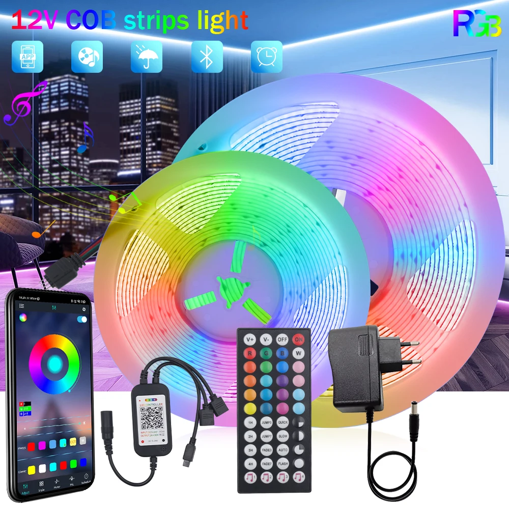 Tira de luces LED COB RGB de 10M, 12V, 24V, Flexible, lineal FOB de 10MM con WIFI remoto, Bluetooth, barra de lámpara de cinta LED regulable RA90