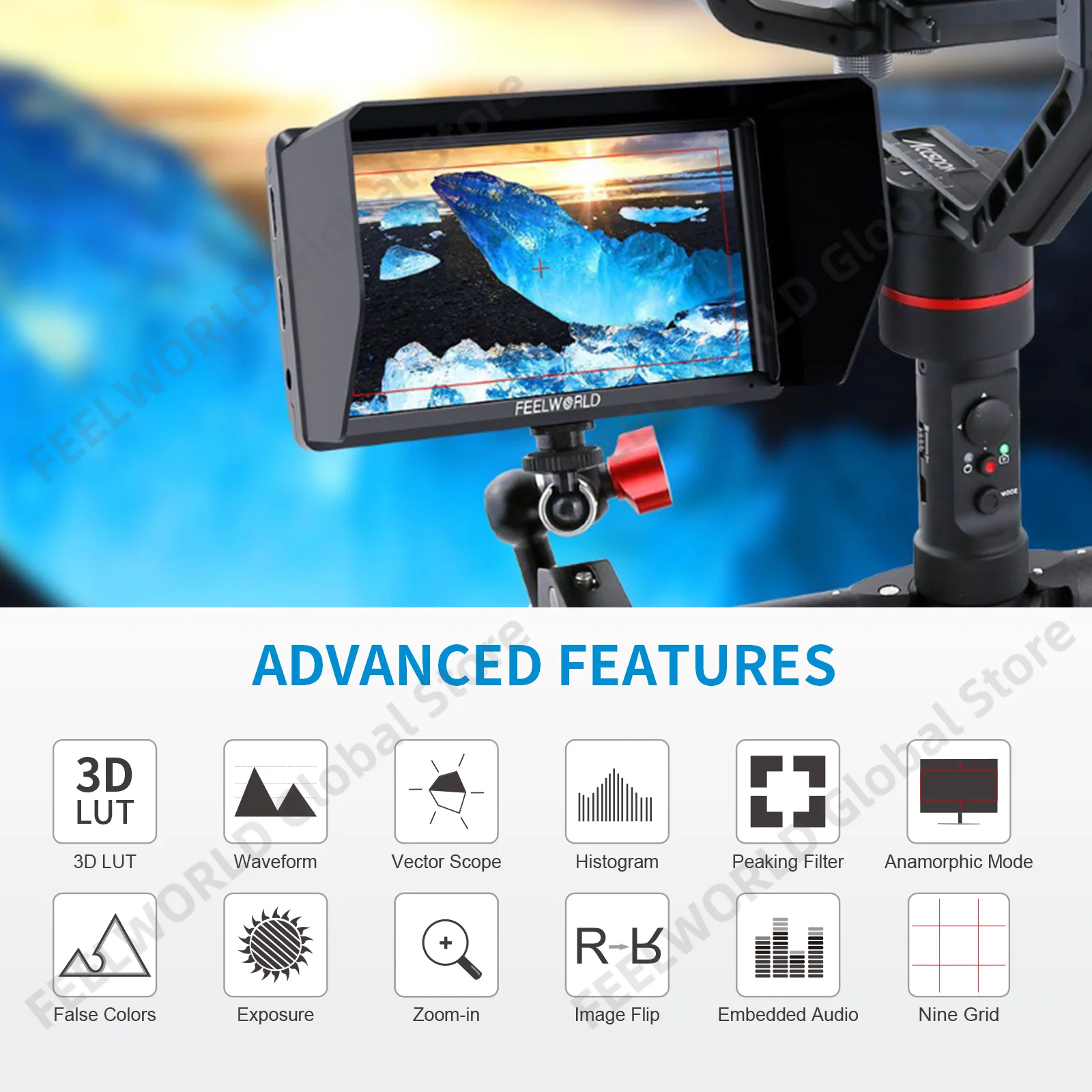 FEELWORLD 5.5นิ้ว4K แบบพกพากล้อง DSLR Field Monitor HDMI อินพุตเอาต์พุตขนาดเล็ก Full HD 1280X720 IPS tilt Arm Power S55