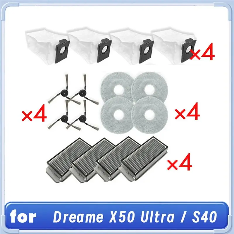 

Комплект из 15-16 предметов для робота-пылесоса Dreame X50 Ultra/S40 Enhanced Edition: сменные основные и боковые щетки, насадки для влажной уборки, фильтры