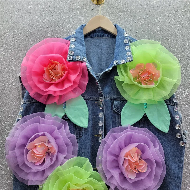 Beaded Flower Decoration Fashion Diamond Blue Short Denim Vest Women Autumn Casual Turndown Collar Sleeveless Cowboy Waistcoat