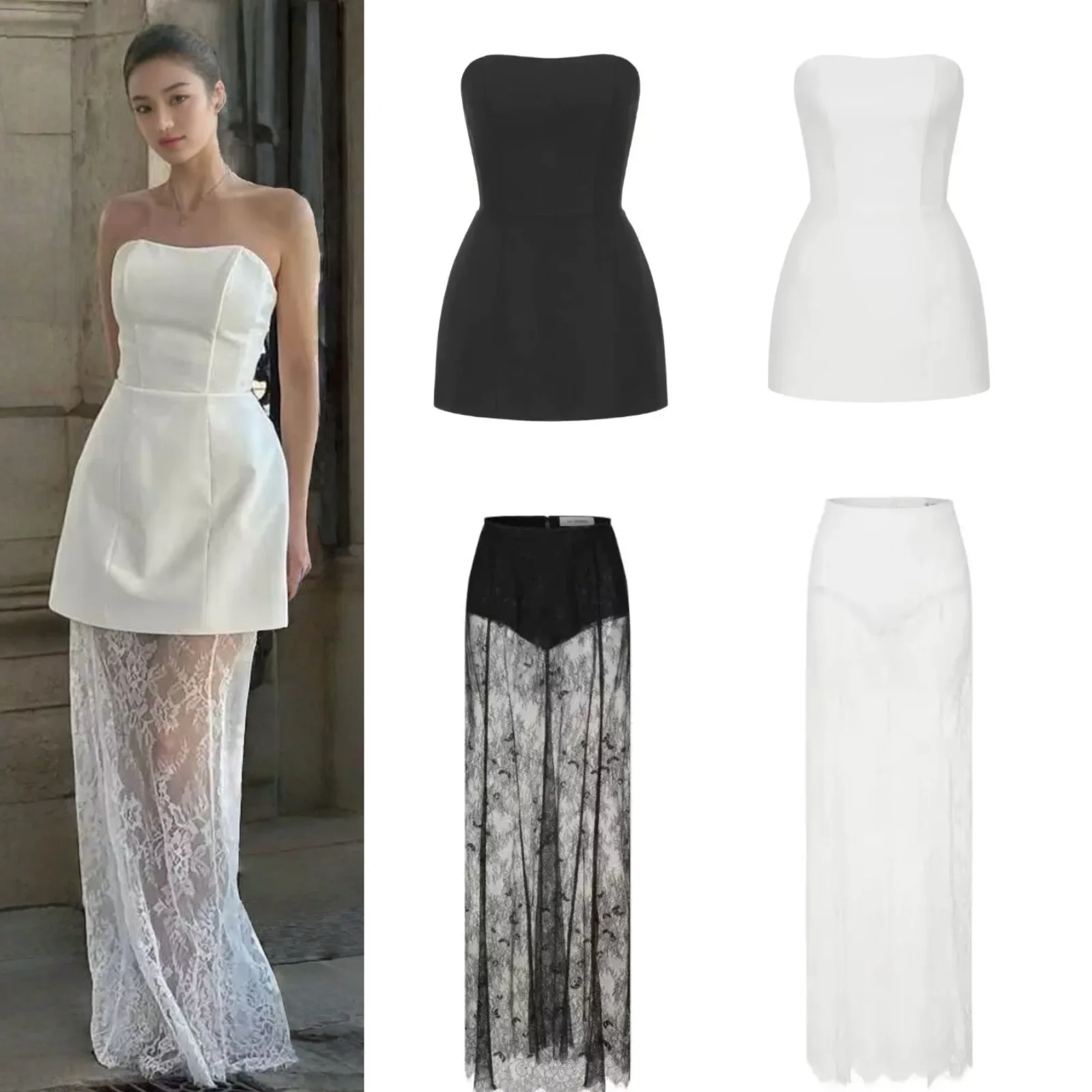 Women Set 2026 Spring Summer New 2 Piece Set Waist Cinched Crop Cami Tank Top & High Waist Lace Trim Casual Strapless Outfit