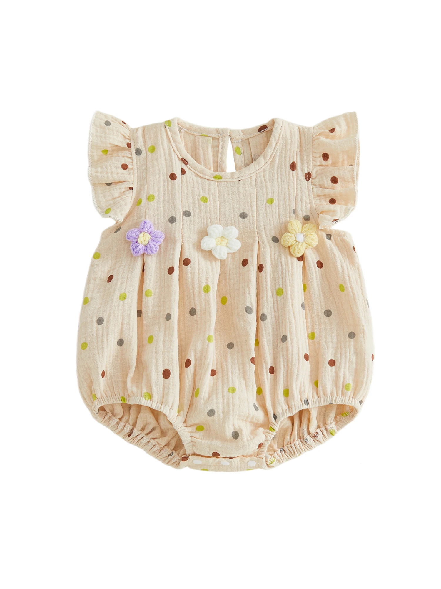 

Adorable Toddler Girls Floral Print Ruffle Sleeve Round Neck Romper with 3D Flower Embellishments for Summer Fun