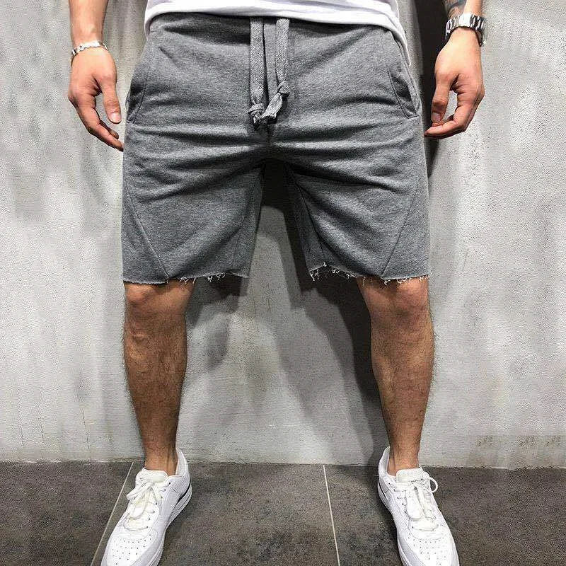 Men\'s Solid Color Frayed Hem Drawstring Shorts Hip Hop Streetwear Male Gyms Fitness Short Sweatpants Joggers Sportswear Shorts