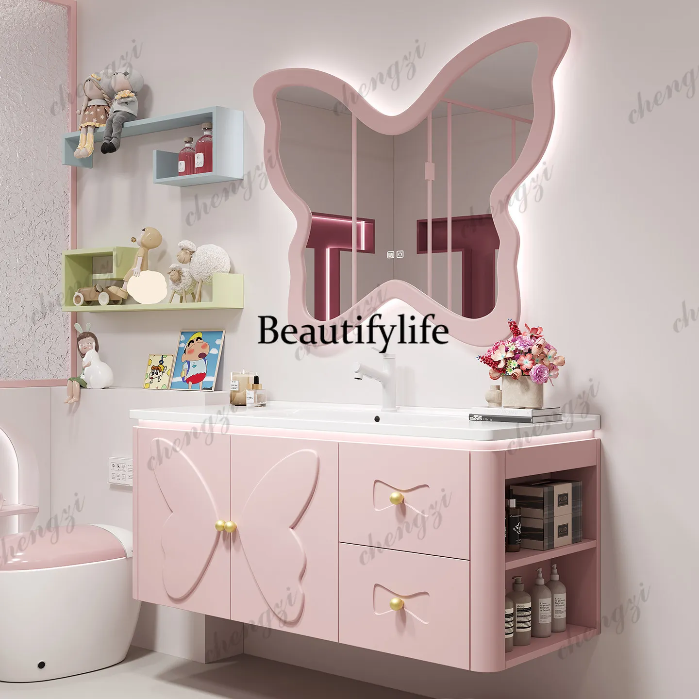 French Pink Oak Bathroom Cabinet Combination Paint with Side Cabinet Toilet Wash Table