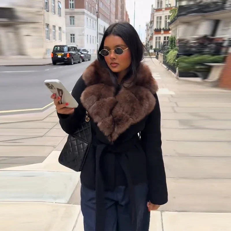 

Elegant Fur Collar Woolen Coats Women Belt Lace Up Pockets Long Sleeve Outcoat 2025 Autumn Winter Lady Chic Warm Outwear New