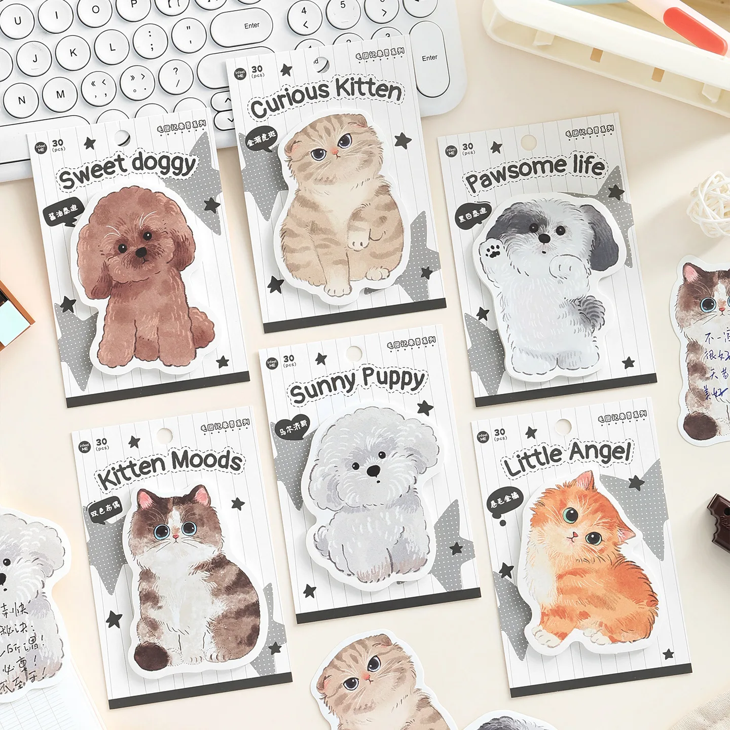 30 Sheets Cartoon Cat Puppy Irregular Sticky Notes Animal Shaped Self-Adhesive Memo Notes for Scrapbook Office Stationery Decor