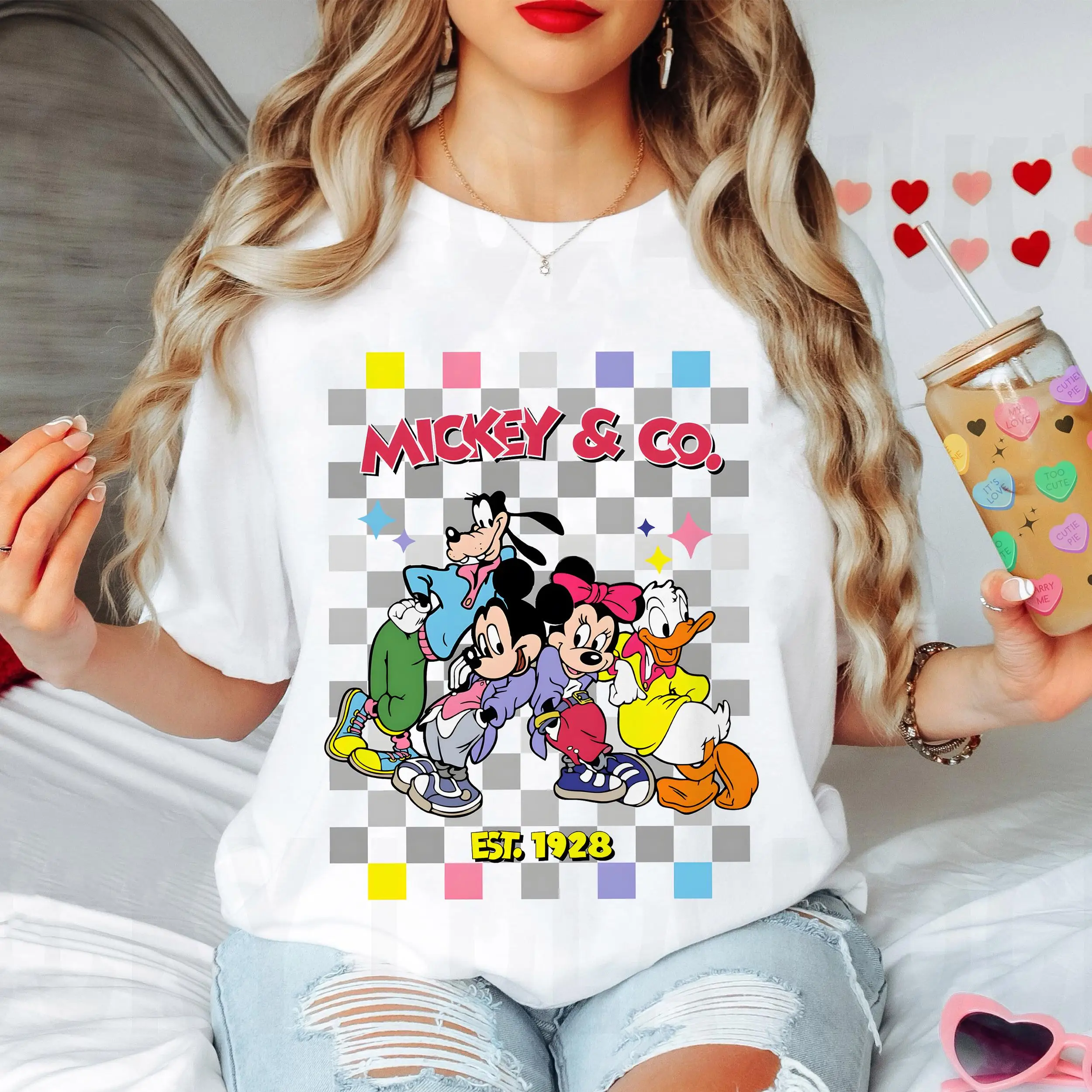 ديزني ميكي وشركاه Est 1928 قميص للنساء قصيرة الأكمام القطن تيز ديزني ميكي والأصدقاء قميص الصيف المرأة تي شيرت
