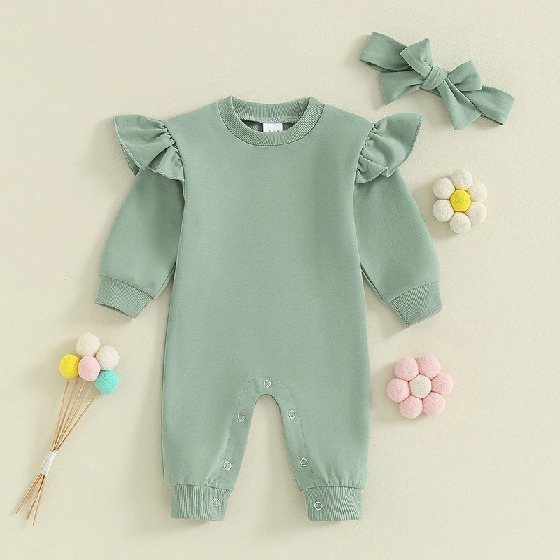 2023-09-13 Lioraitiin 0-12M Newbron Baby Girl Clothes Solid Ruffle Romper Long Sleeve Jumpsuit Headband Set Fall Winter Outfit