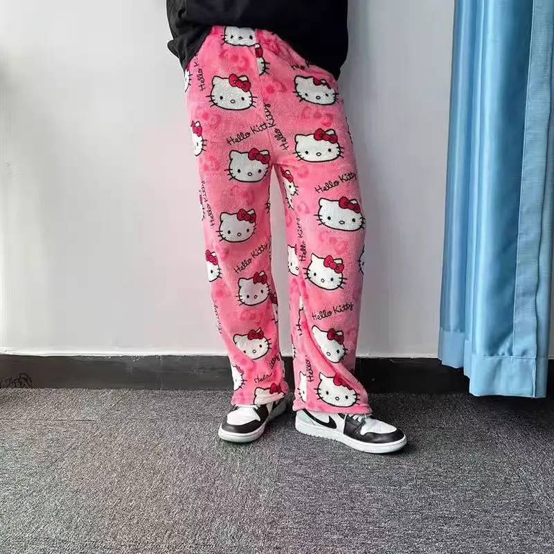 Kawaii Sanrio Hello Kitty flanelowa piżama czarna damska ciepła wełniana kreskówka Casual spodnie domowe jesienne i zimowe modne spodnie