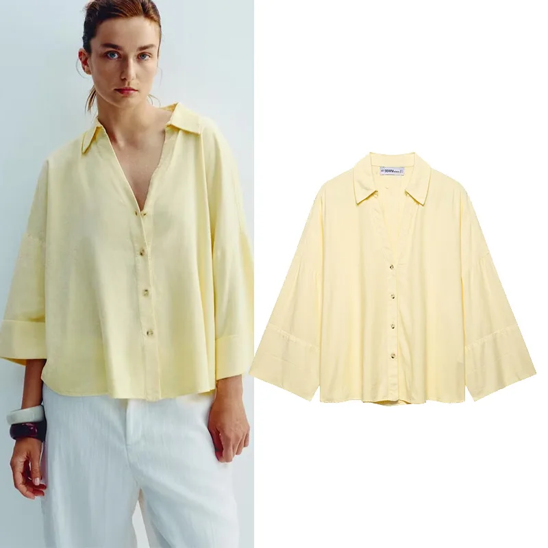 

TRAF Linen Blend Wide Sleeve Shirt Women Summer style minimaliste français Women's Shirts Simple Johnny Collar Shirts & Blouses