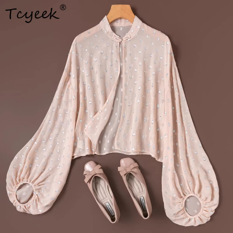 

Tcyeek 100% шелковые женские топы из тутового шелкопряда 2026: Элегантные рубашки для женщин, весенне-летняя одежда, солнцезащитная рубашка с длинным рукавом, кардиган