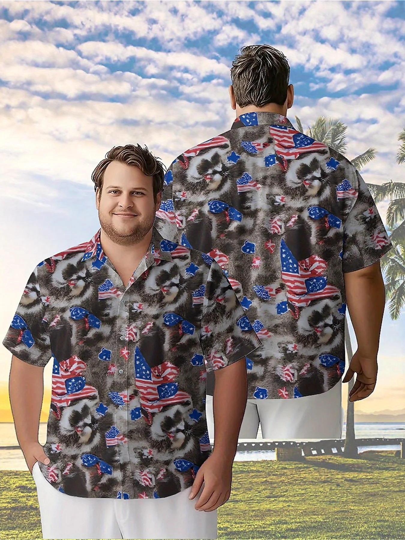 

Men's Plus Size Hawaiian Shirts American Flag and Raccoon Pattern, Summer Casual Tops, Suitable for Outdoor Party, Streetwear