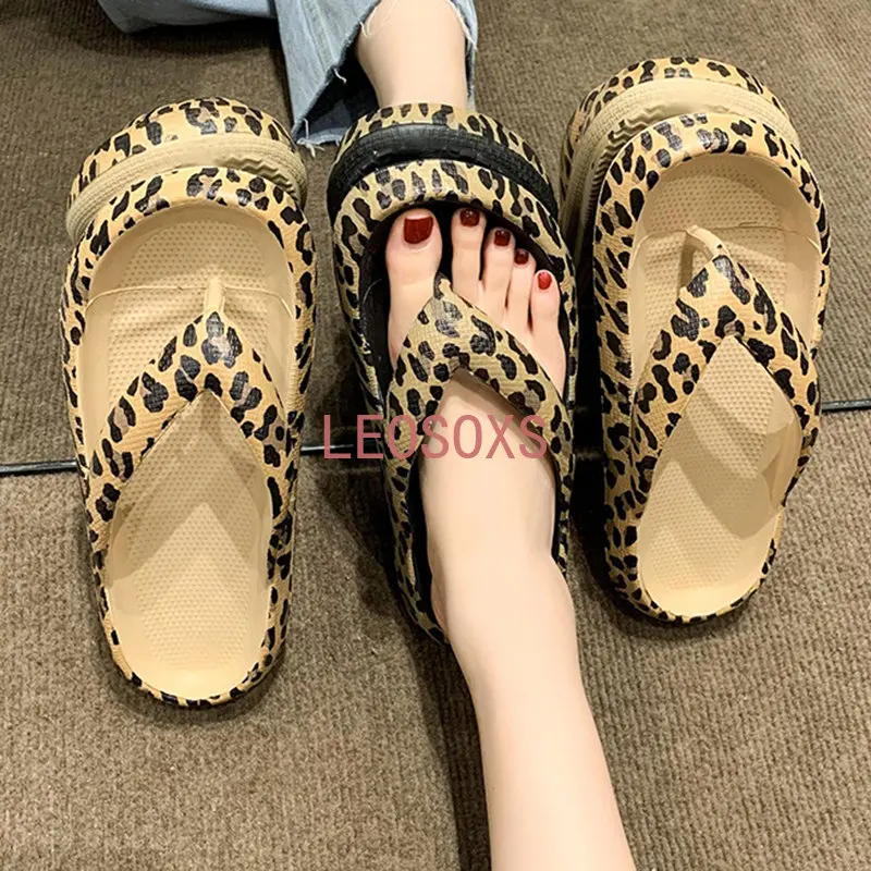 Fashion Leopard Eva Flip Flops for Women Summer 2023 New Clip Toe Platform Slippers Woman Soft Sole Non Slip Beach Slide Sandals