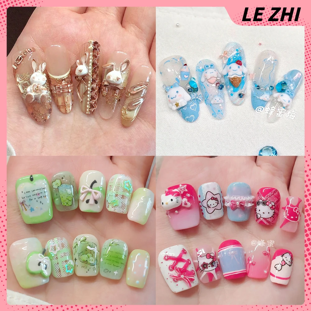 

Sweet Lovely Sanrio Hello Kitty Cinnamoroll Handmade Reusable Press On Nails Cute Rabbit Bear Bow Pearl Diamond Full Cover Nails