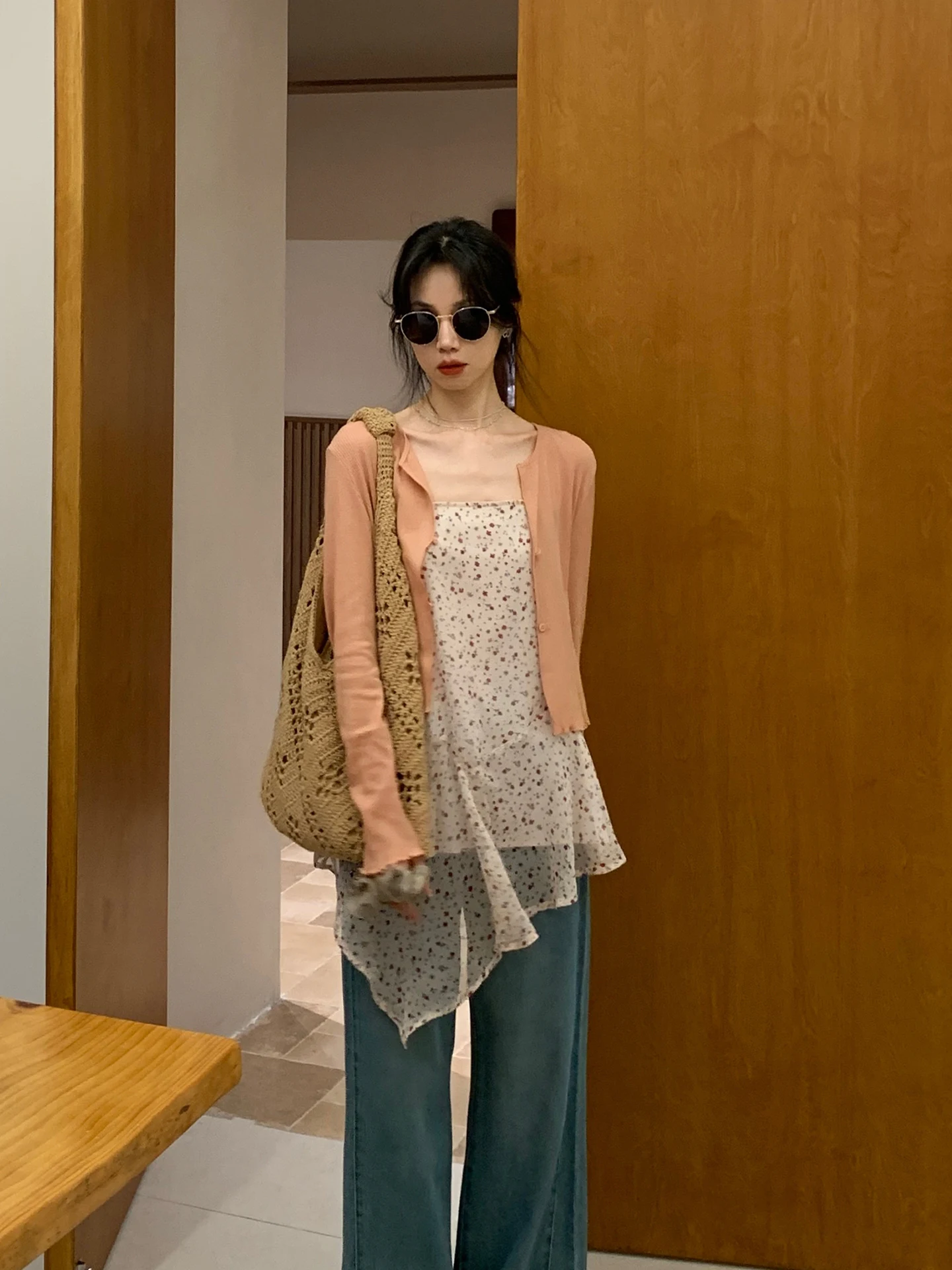 

BRIVIN Orange Floral Crush Strap Shirt Two-Piece Set Women Elegant Fairy Outfit Asymmetric Top Breathable Polyester Fiber
