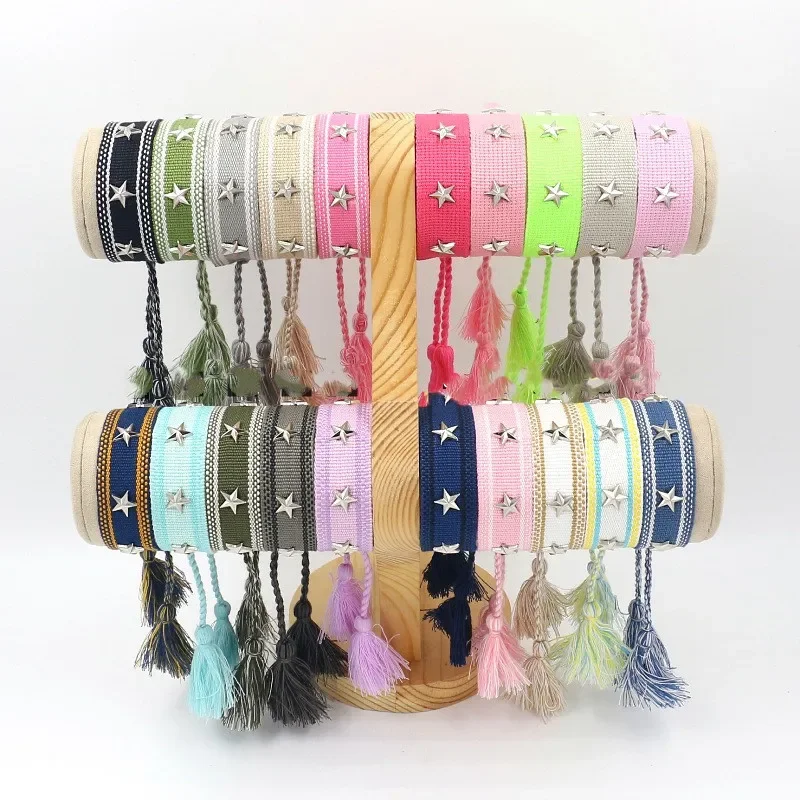 

Bohemia Personality Handmade Woven Tassel Bracelet For Women Alloy Silver Color Star Shape Rivet Bracelet Fashion Jewelry Gift