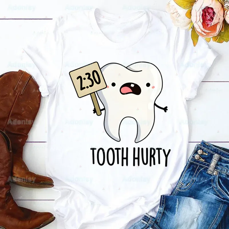 Aesthetic Funny Tooth Dentist Kawaii T Shirt Women 90s Graphic T-shirt Harajuku Tops Tee Cute Short Sleeve Tshirt Female Tshirts