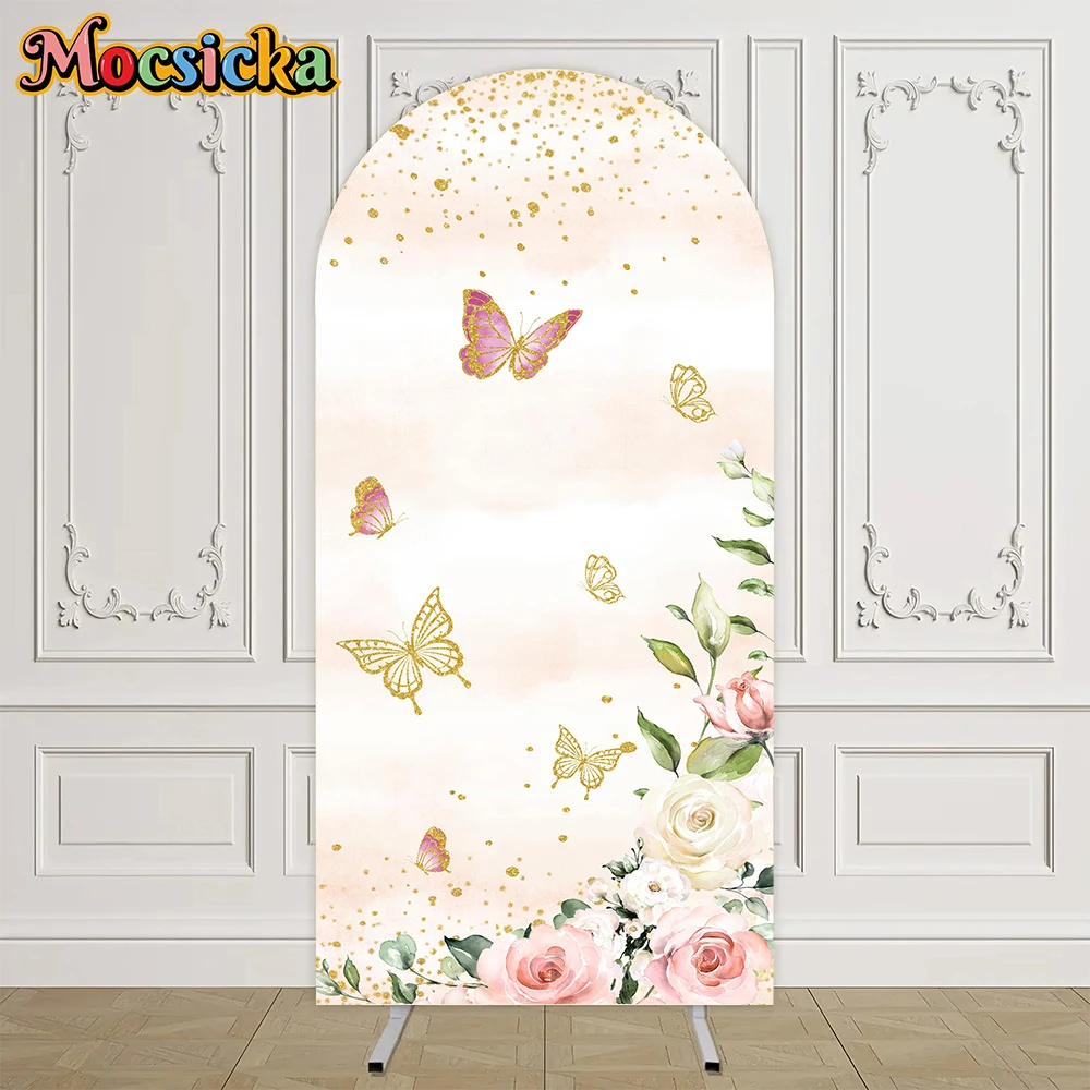 Mocsicka المائية 2 الوجهين قوس خلفية لينة الوردي الذهب الأزهار شبه دائرة الحدود الفراشات الورود البيضاء الذهب بريق النقاط