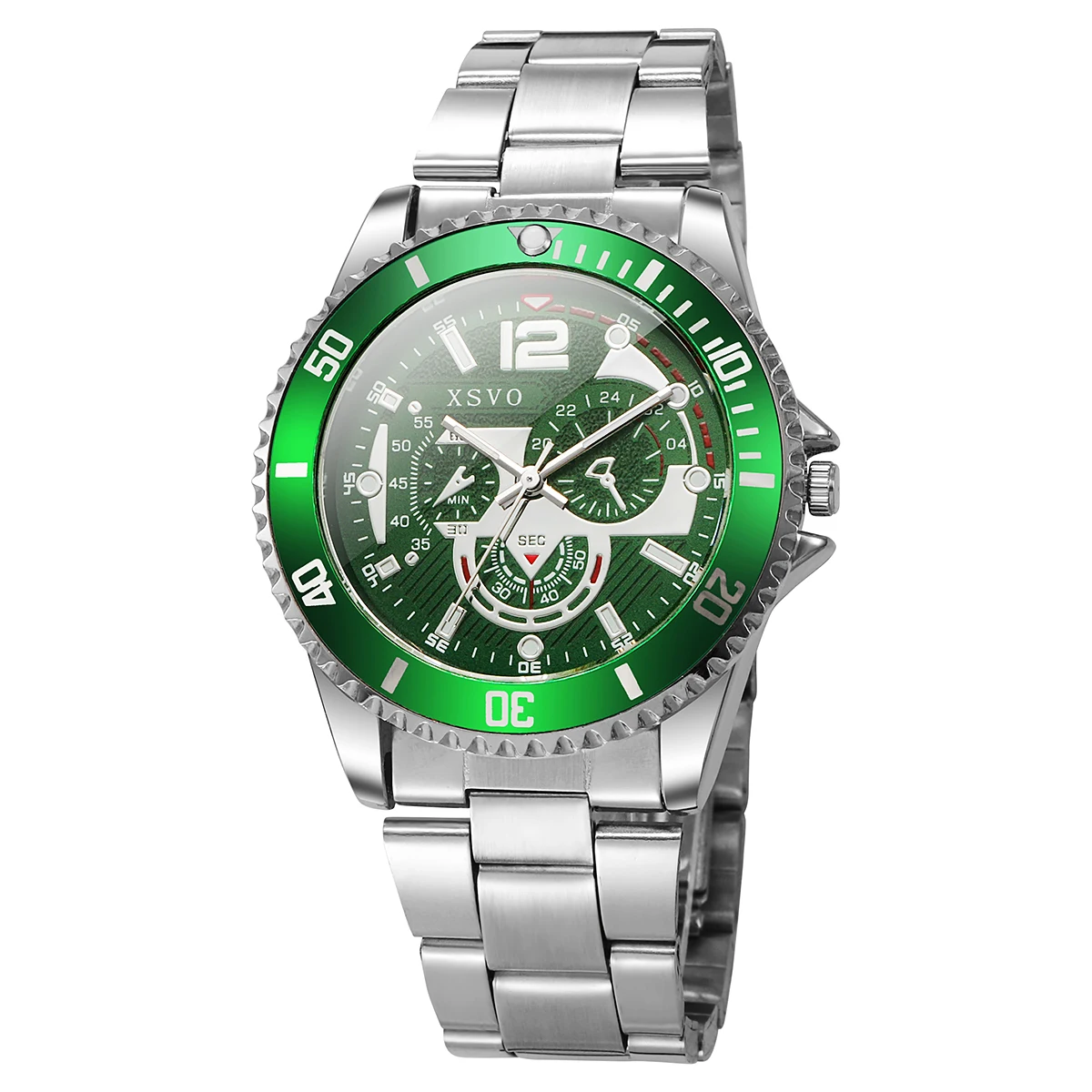 

Спортивные часы-хронограф в стиле дайверских часов для мужчин | Зеленый ободок | Ремешок из нержавеющей стали | Водонепроницаемые кварцевые наручные часы