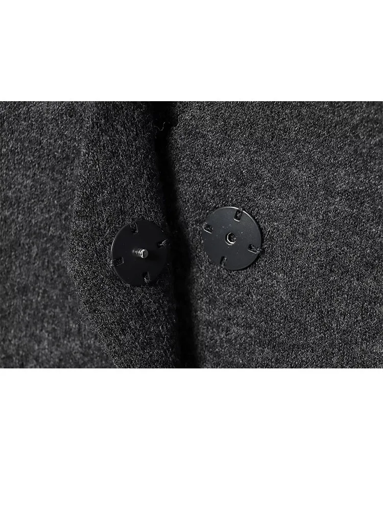 HH المرأة تنورة دعوى موضة الخامس الرقبة قصيرة الأكمام المخفية زر حزام الديكور محبوك سترة قصيرة مرونة الخصر ميدي تنورة