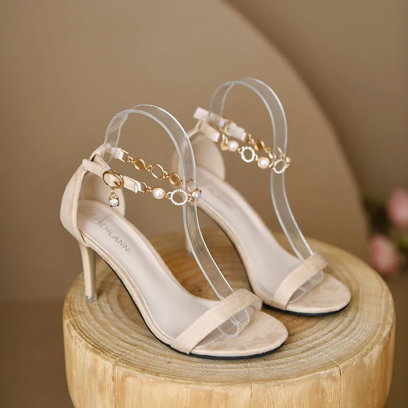 One line buckle sexy high heels 2024 fairy style versatile new slim heeled fashion sandals this summer