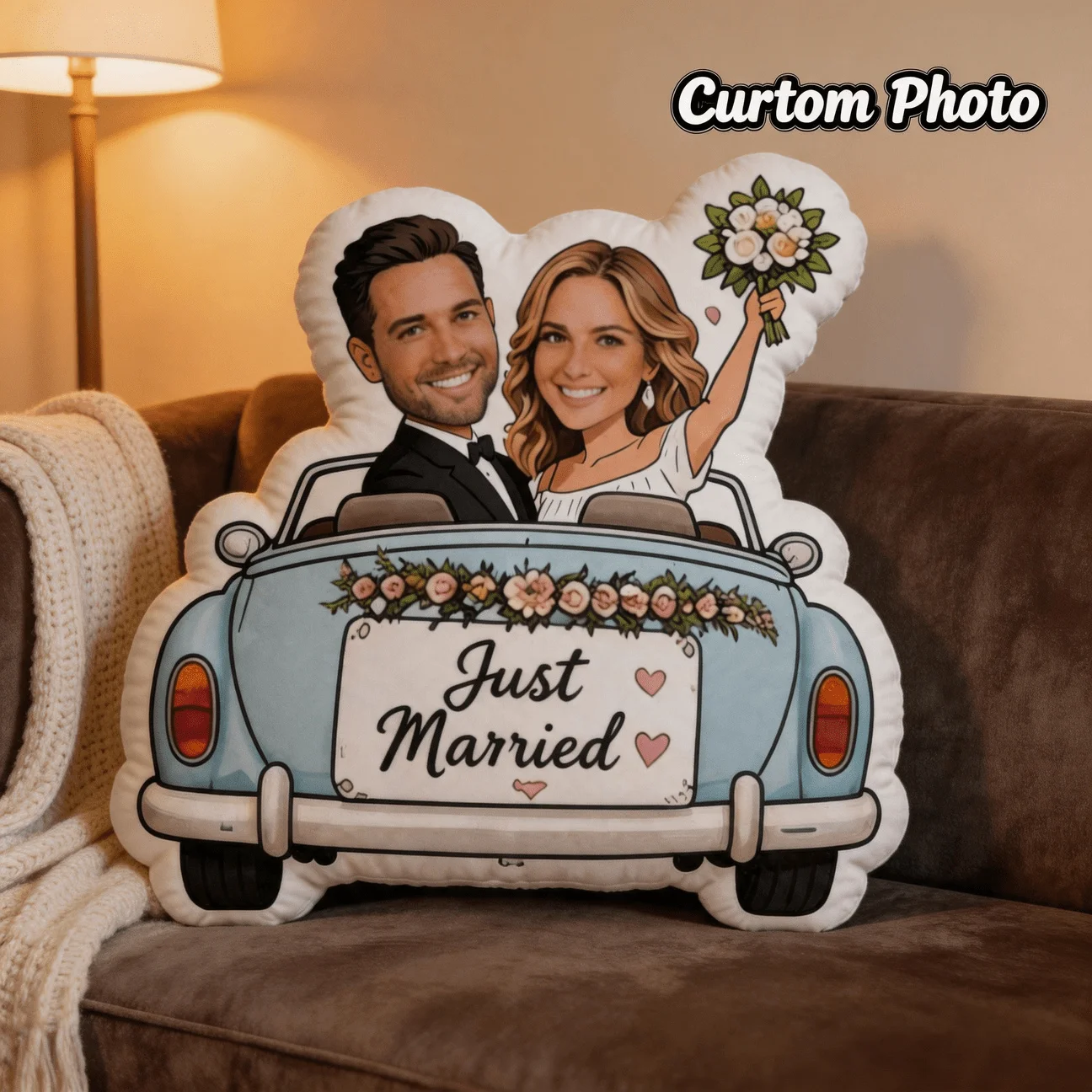 Custom Personalized Photo Couple Pillow, Wedding Just Married Car Shaped Decorative Cushion with Double-Sided Printing, 60cm Acc