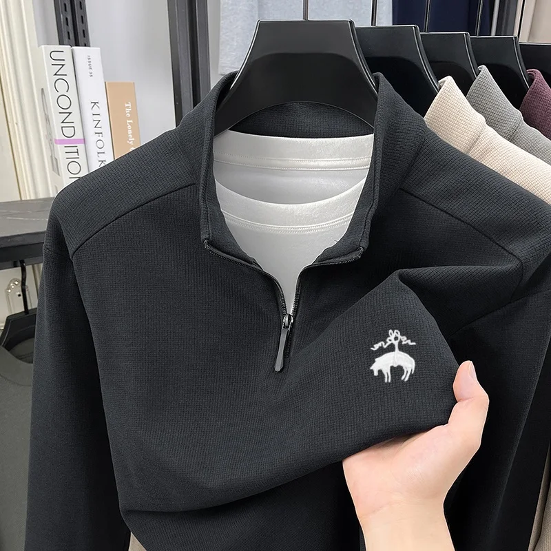 High end brand autumn hot selling velvet warm men half zipper sweater original exquisite embroidery knitted comfortable pullover