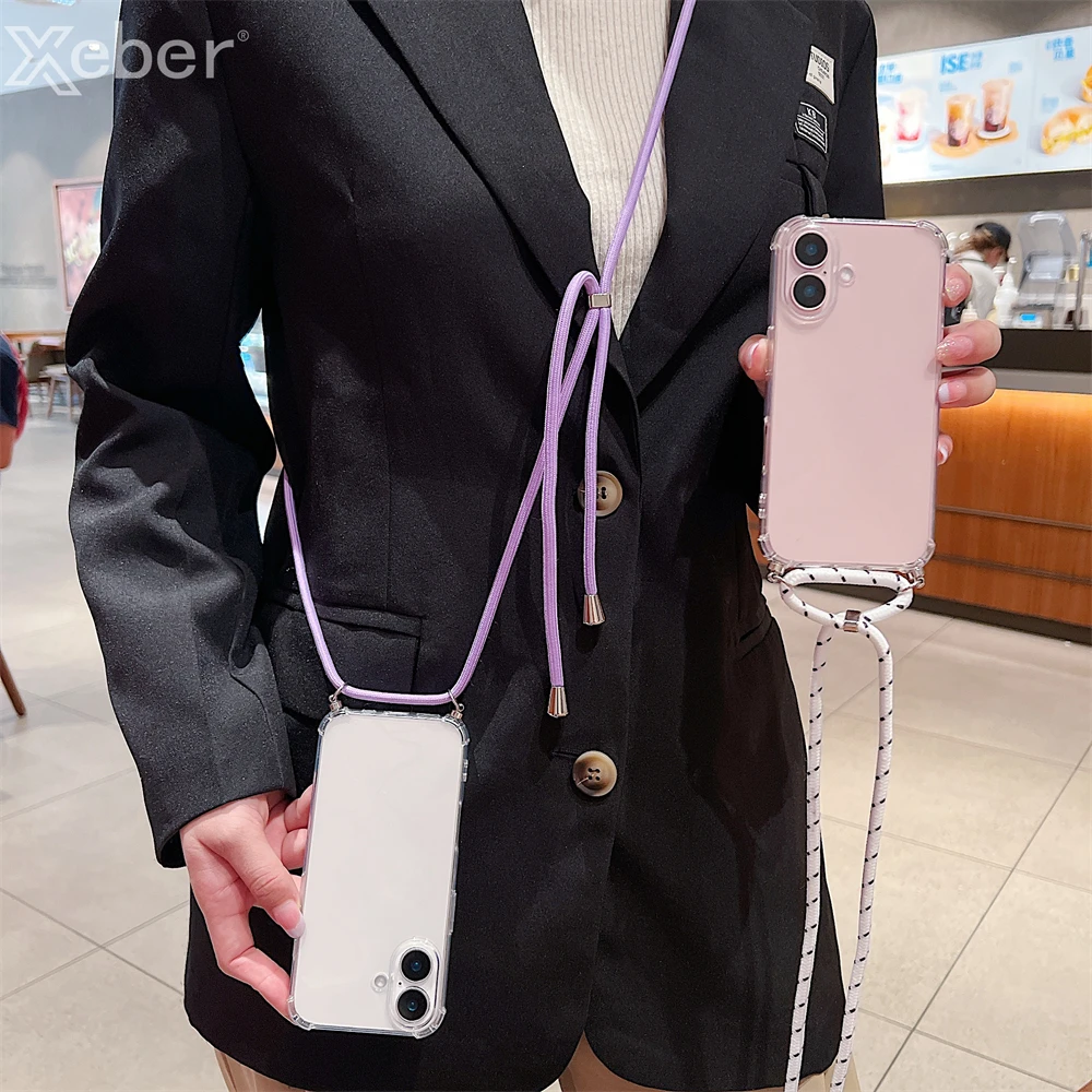 For iPhone 18 17 16 15 14 ProMax Crossbody Necklace Cord Lanyards Transparent Case For iPhone 11 12 13 Pro Max XS XR Soft Cover