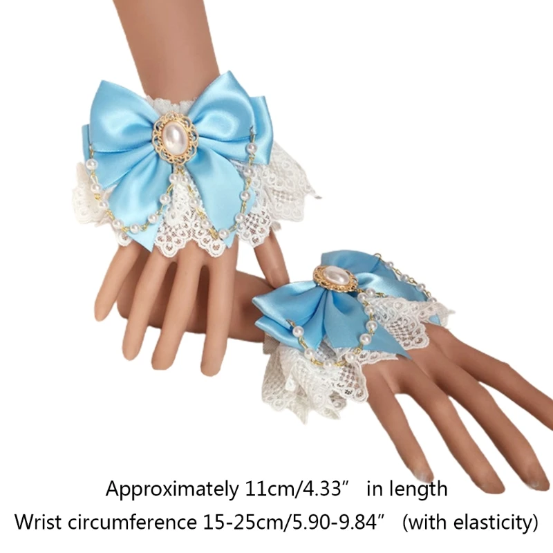 Japanese Sweet Hand Wrist Cuffs Double Layer Floral Lace Bowknot Bracelet Wristband Imitation Pearl Chain Jewelry Maid