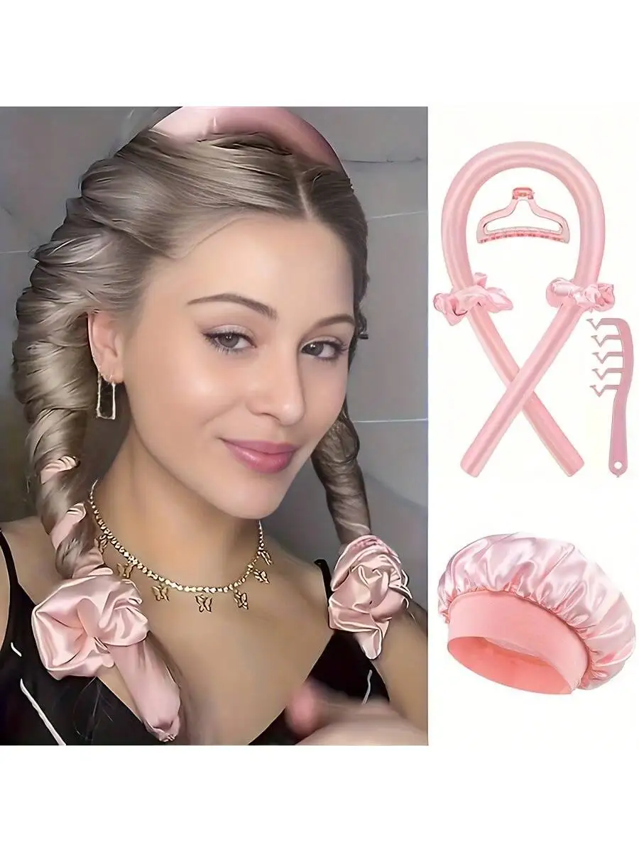 6pcs Women's No-Heat Curling Iron and Satin Sleep Cap Set