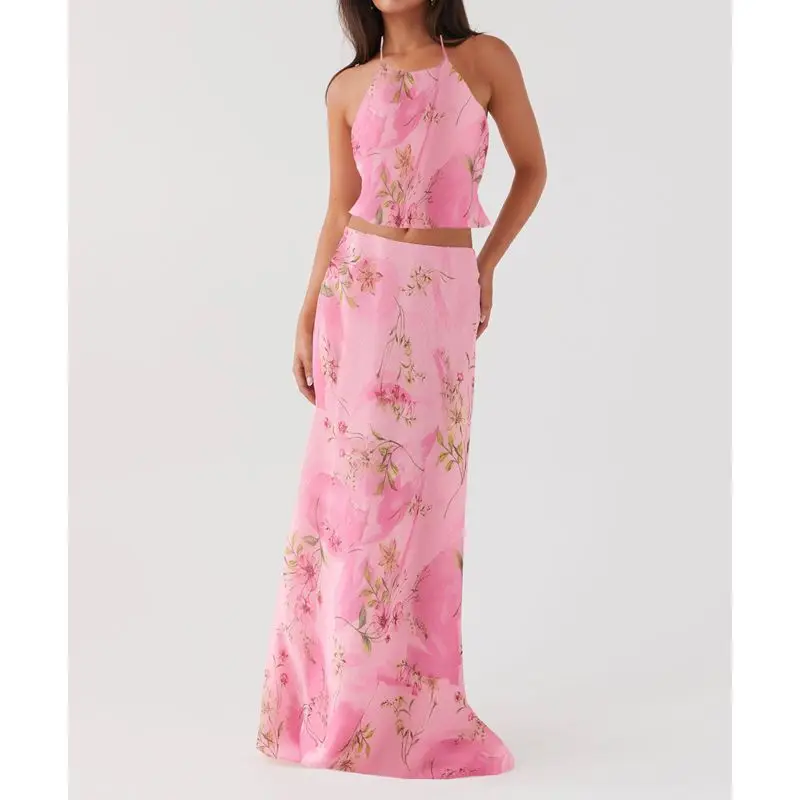 Combhasaki Women Summer 2Pc Floral Print Outfit Set Crop Lace-up Halter Neck Backless Tops+Elastic Waist Mesh Layered Long Skirt