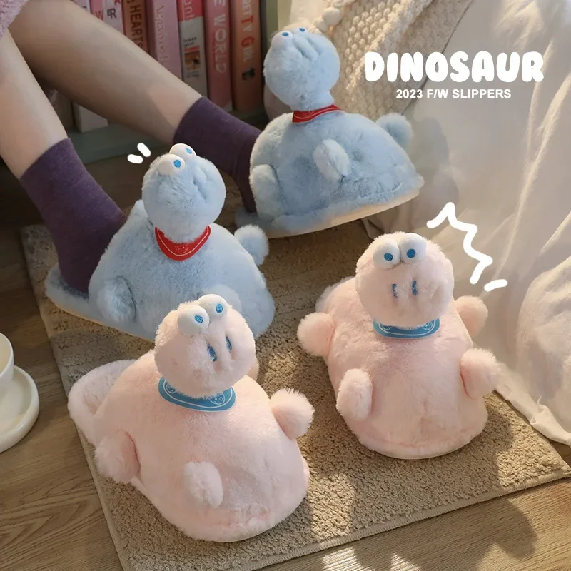 New ladies cotton slippers cartoon dinosaur cute home plush warm cotton shoes female winter indoor padded slippers