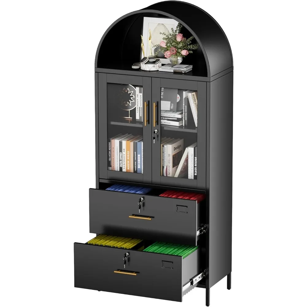 

2 Drawer Lateral File Cabinets for Home Office, 73 inch Tall Metal Arch Cabinet with Locking Glass Doors, Black Arched Bookcase