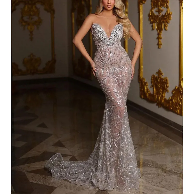 Sexy Mermaid Evening Dresses Sleeveless  V Neck 3D Lace Appliques Sequins Celebrity Formal Prom Dresses Floor Length Party Dress