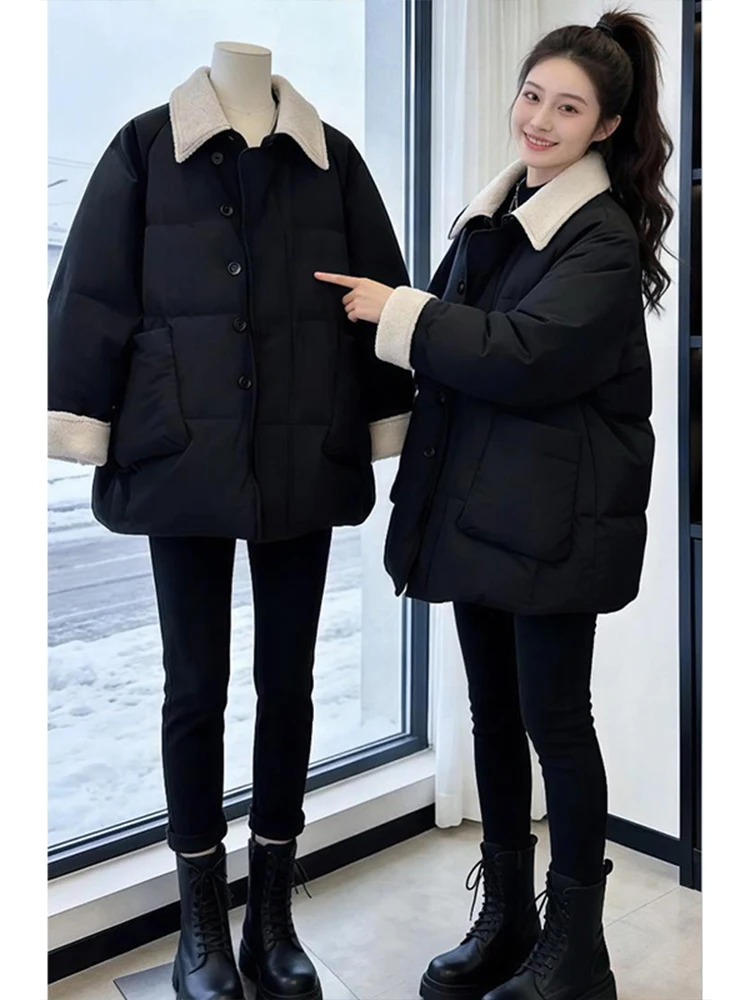 

Ladies' Faionable Lamb Velvet Collar Thiened Cotton Jaet Loose Winter Warm Outerwear Korean Sle Long Sve Collar