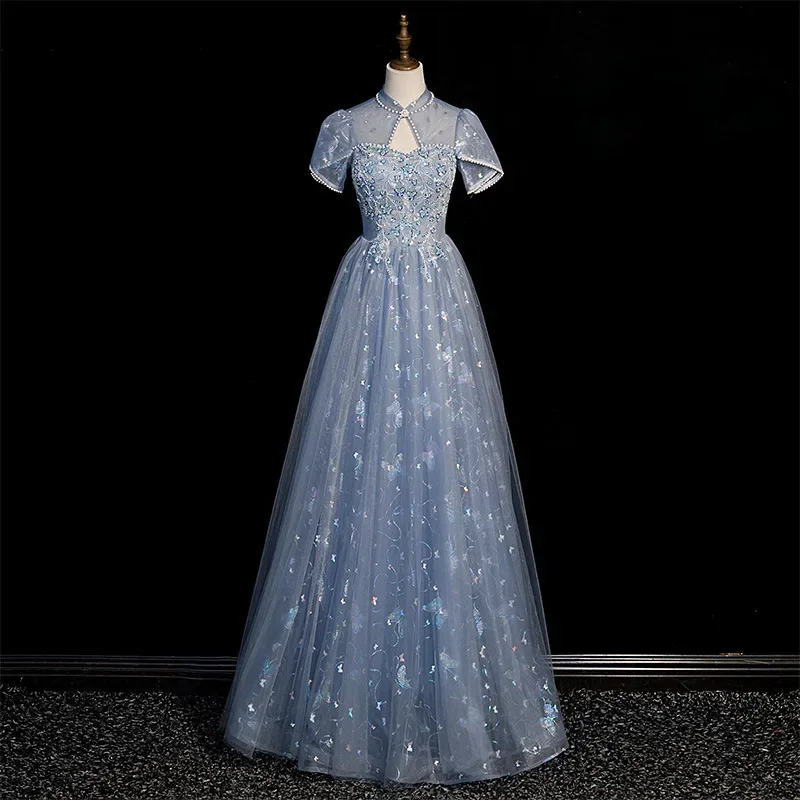 Customized Sweet O-neck Short Sleeve Gown Exquisite Pearl Floral Sequin Appliques Prom Dress Simple Solid Slim A-line Temperamen