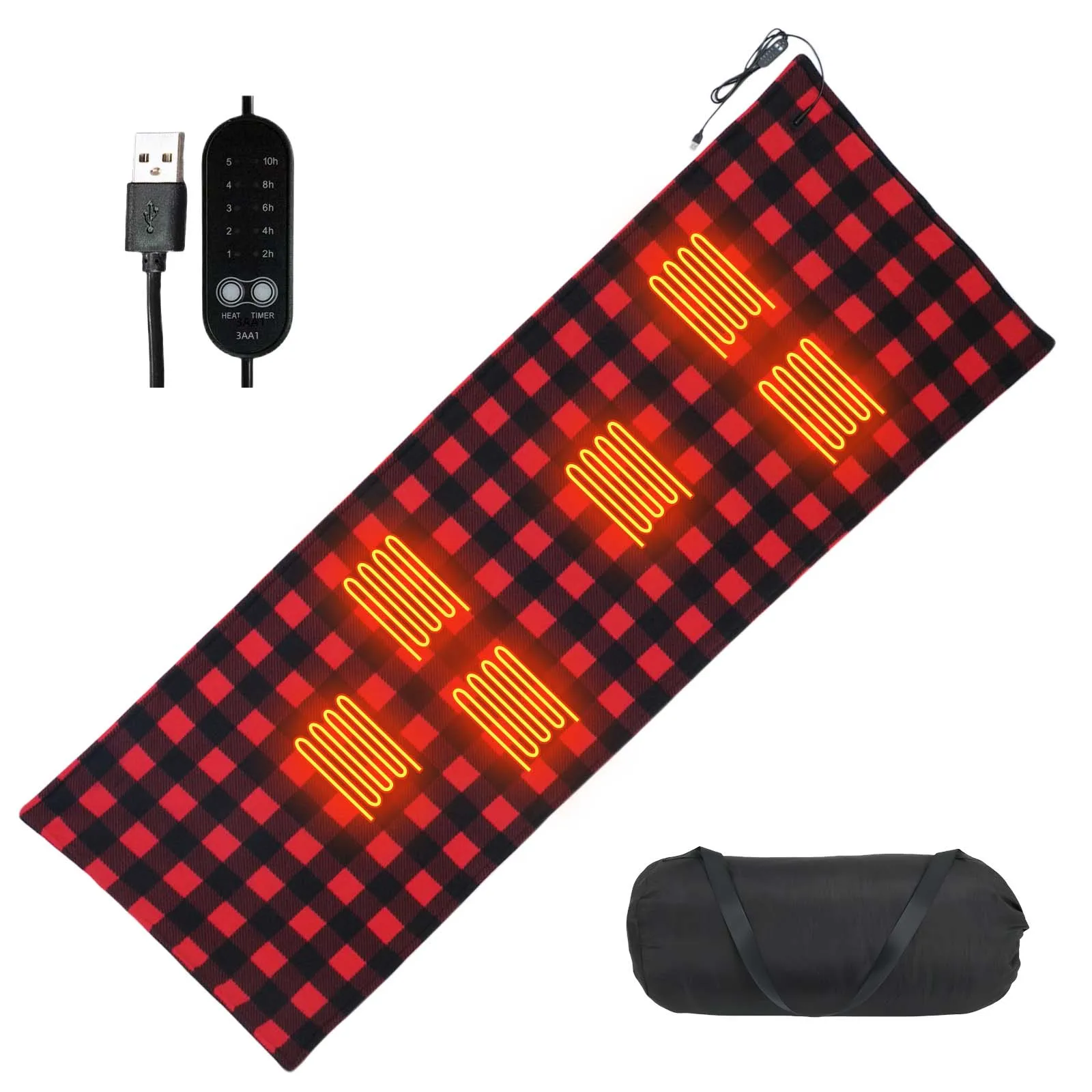 Portable 5V USB Heated Sleeping Bag Pad Heated Sleeping Bag Liner 6 Heating Zones Plaid Electric Heating Mat 5 Heating Levels