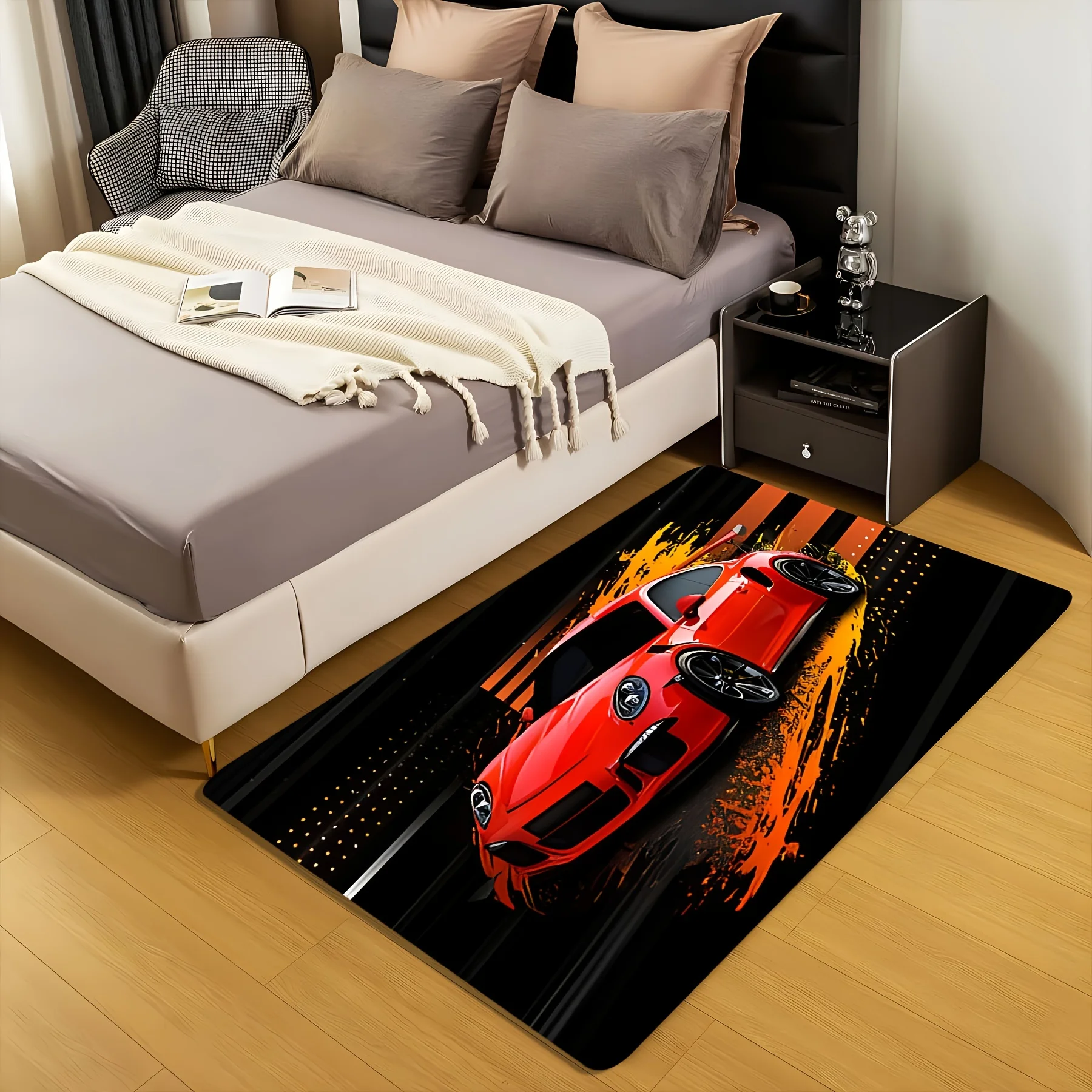 Black background sports car pattern Flannel-printed floor mats are slip-resistant Suitable living room bedroom terrace carpets