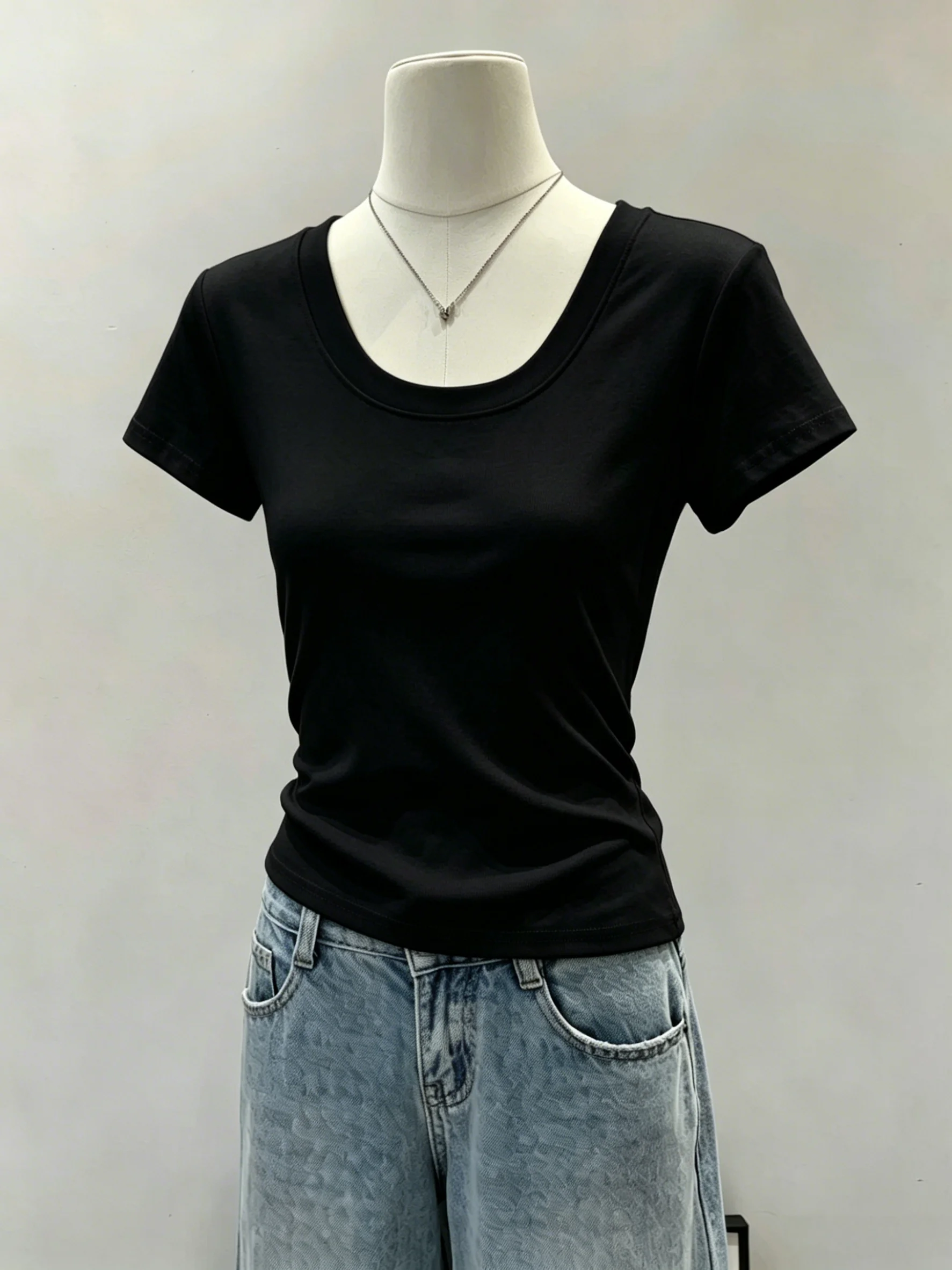 Slim Fit Short Sleeve U-Neck T-Shirt Women's Cotton 95% Elastic Fiber 5% Casual Summer Slimming Waist Cinched Trendy Top