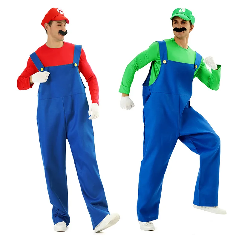 Lustiges Super Luigi Bros Cosplay-Kostüm für Erwachsene Männer, Overall-Set mit Hosenträgern im Spielcharakter-Design
