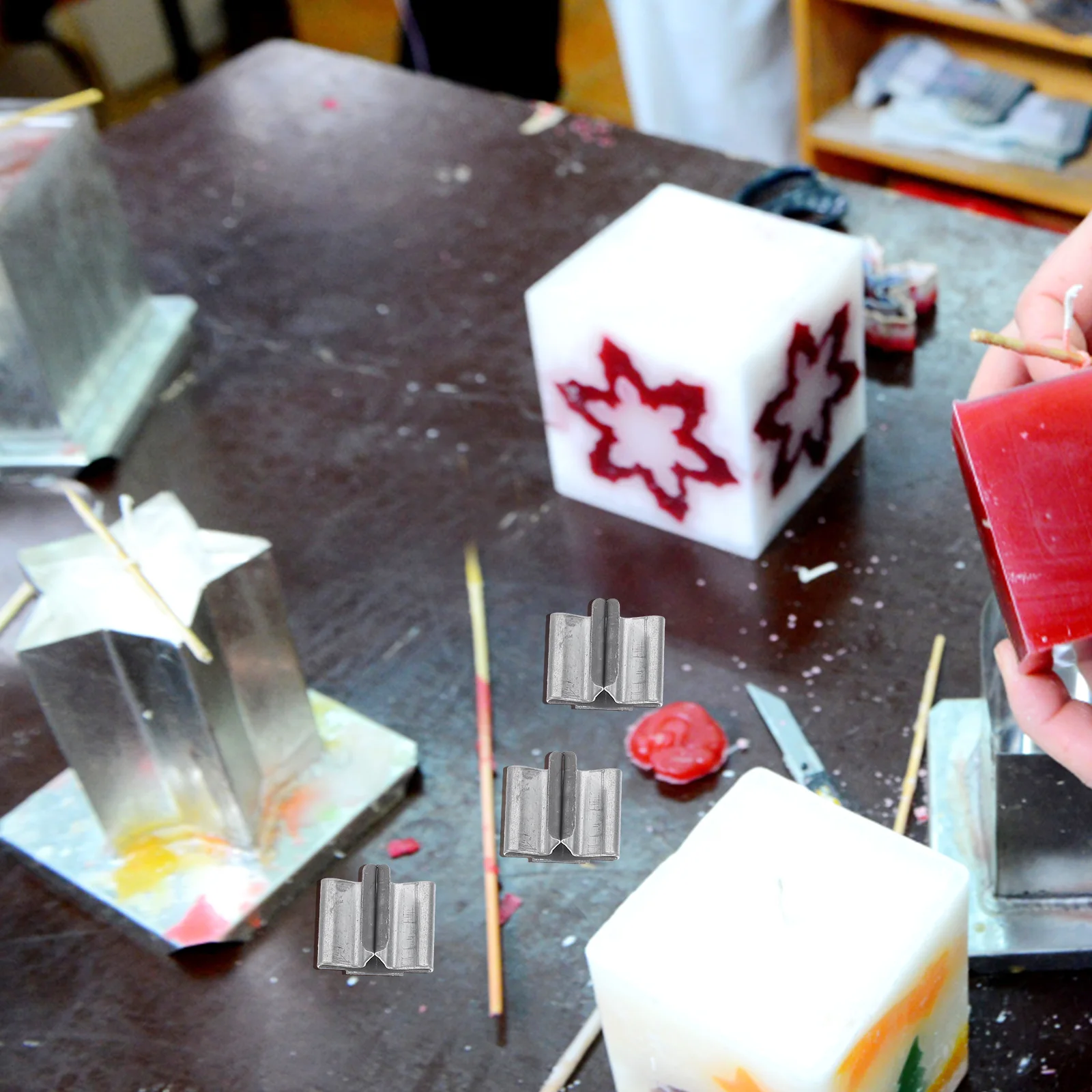 

100pcs Wooden Base Metal Wick Tabs Silver For Diy Wick Tab Making Supplies Holder Centering Fixator