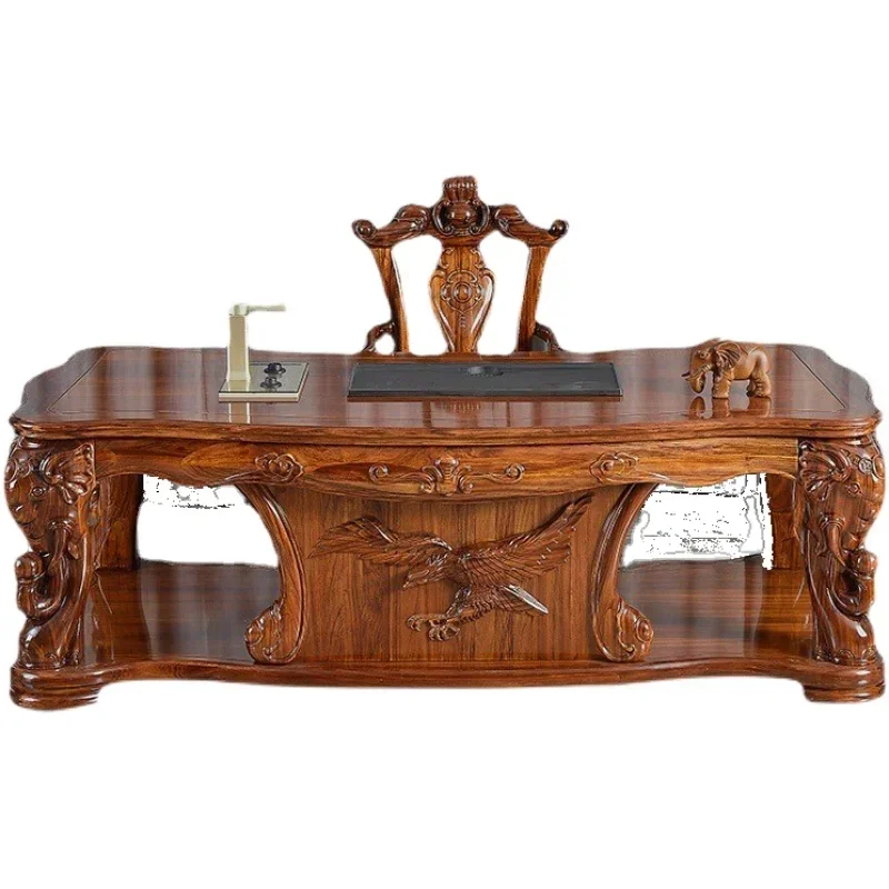 

1Customized Solid Wood Elephant Carving Tea Table Villa Luxury Exhibition Grand Picture Table-Chair Set Furniture