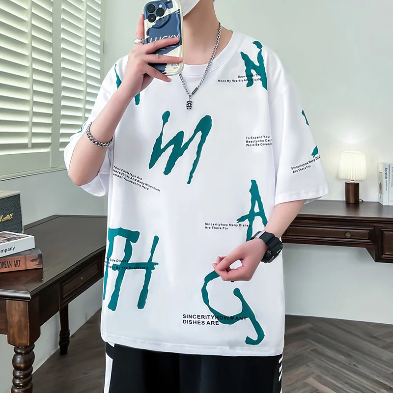 Fashion 2024 Summer Men's Short Sleeve Cotton T-Shirts Hip Hop Streetwear Causal Letters Printed Tshirt Youth Loose Tops Tees