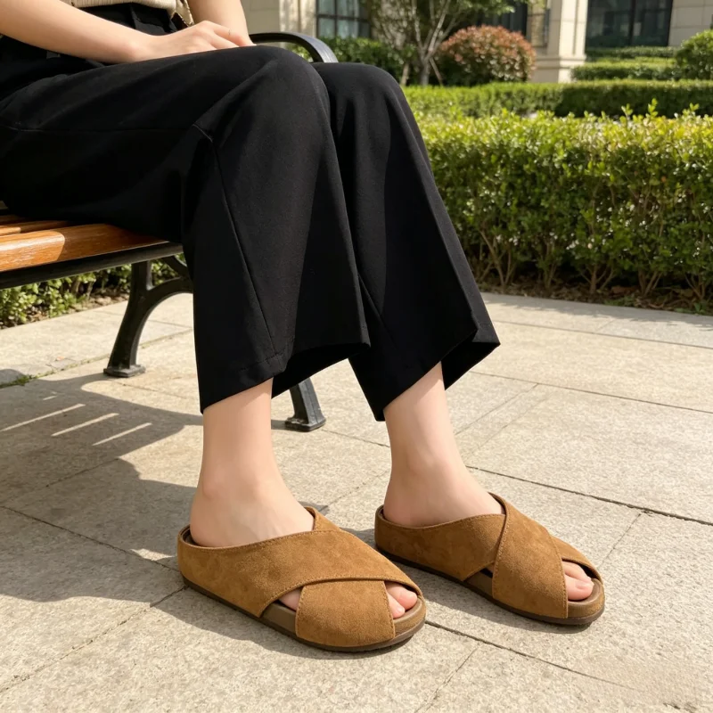 New Arrival Cross Design Closed Toe Mules, Soft Sole Suede Slides, Versatile Commute Daily Wear Women Backless Half Sandals view 6