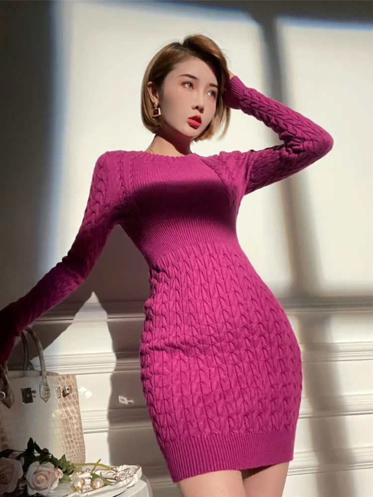 

New Autumn Winter Sweater Dress Women Fashion Round Neck Knitted Skirts Multi Colors Twist Pattern Bodycon Hip Wrapped Dresses