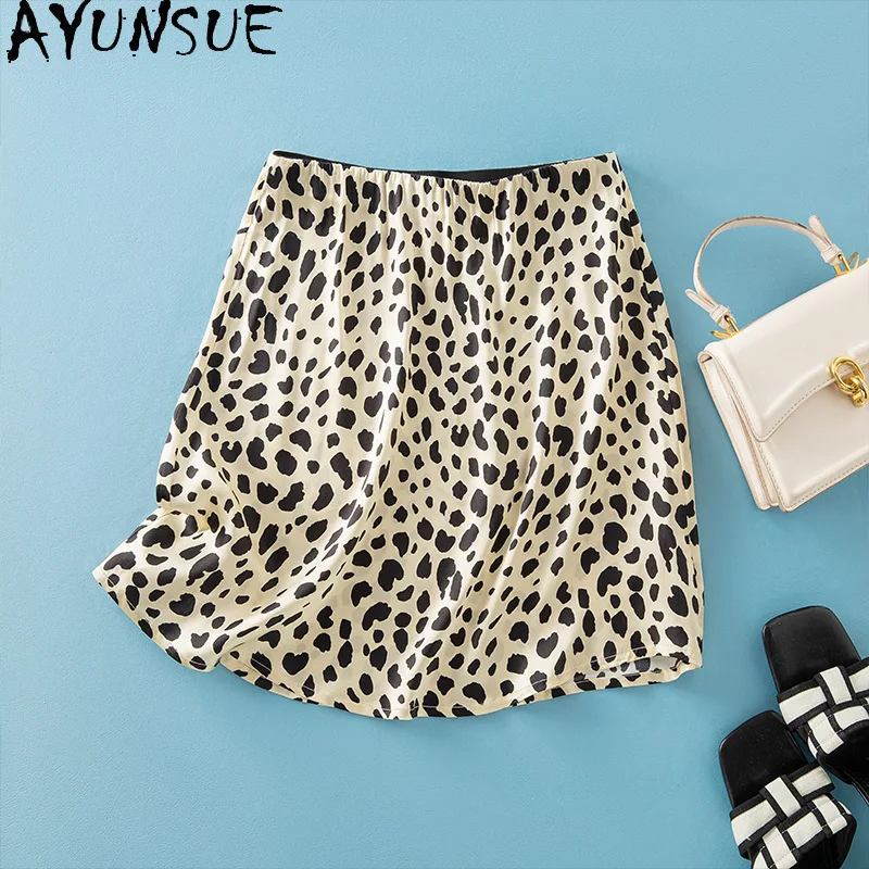 AYUNSUE 100% Silk Women's Skirts A-line Short Skirts for Women Stylish Leopard Package Hip Skirt Woman Clothes Spring Summer 치마